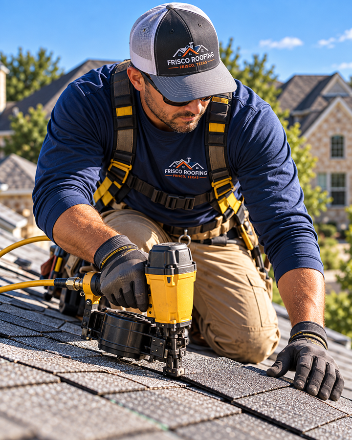 Roofer laying asphalt shingles on a residential roof slope