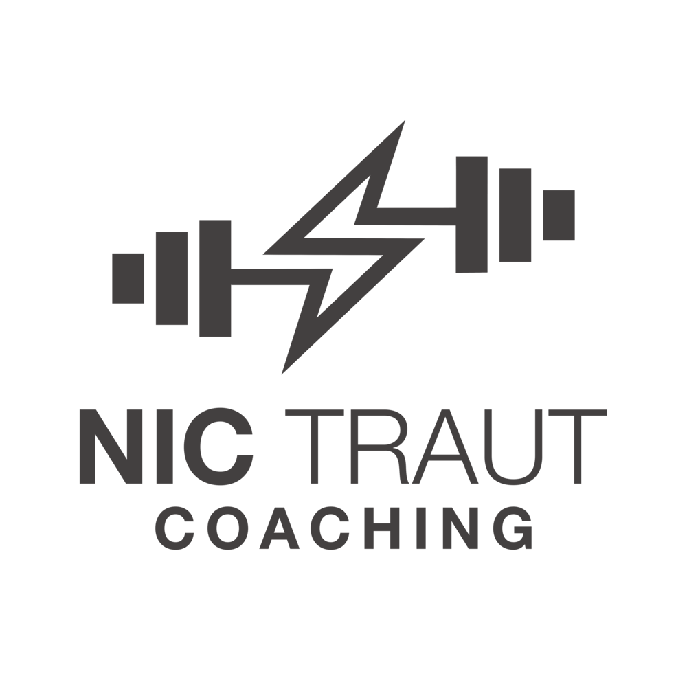 Dunkelgraues Logo auf grünem Hintergrund: Hantel mit Blitz in der Mitte, darunter "NIC TRAUT COACHING".
