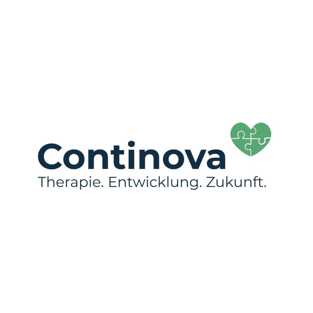 Continova Logo: Herz aus Puzzleteilen, Text "Therapie. Entwicklung. Zukunft."