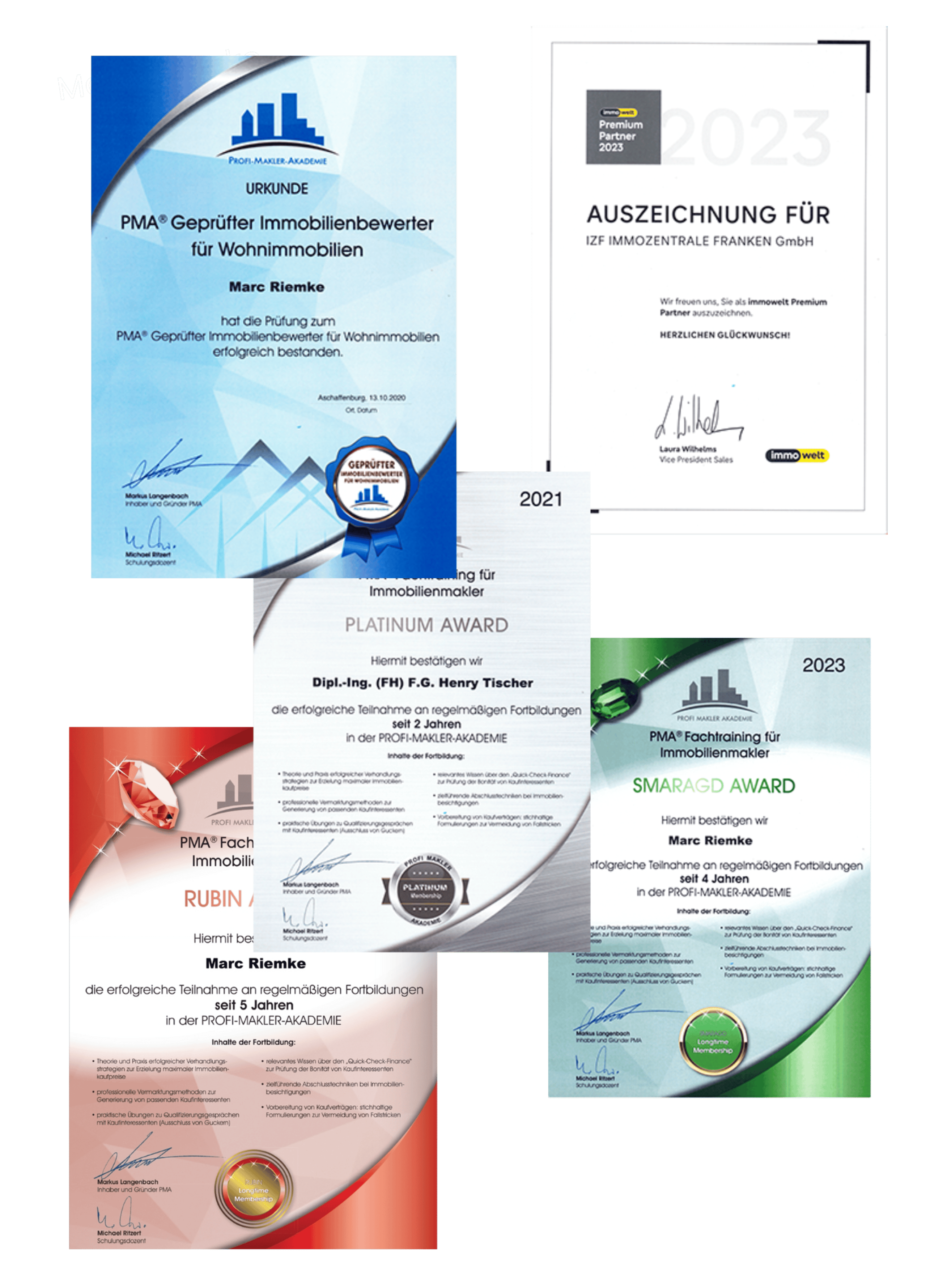 Urkunden und Auszeichnungen der IZF Immozentrale Franken GmbH, unter anderem PMA-Fachtrainings und Immowelt Premium Partner 2023