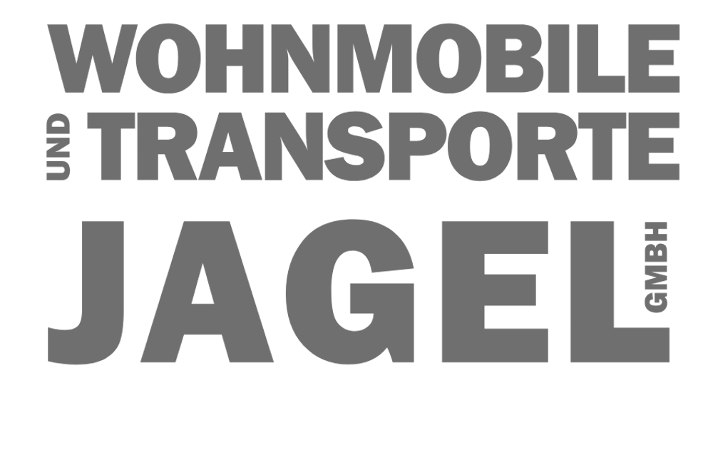 Wohnmobile und Transporte Jagel GmbH Logo, grauer Text auf dunklem Hintergrund.