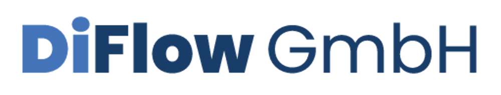 Blauer DiFlow GmbH Schriftzug auf schwarzem Hintergrund.