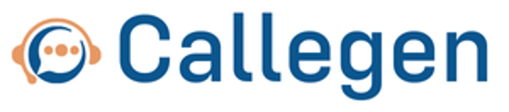 Logo von Callegen, mit einem orangefarbenen Kopfhörer-Symbol, das eine blaue Sprechblase umgibt.