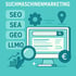 Suchmaschinenmarketing-Illustration mit Monitor, Suchleiste, Lupe, Diagramm und den Begriffen SEO, SEA, GEO, LLMO.
