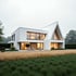 Modernes Einfamilienhaus im Grünen mit großflächigen Fenstern, Designfassade und Naturgarten