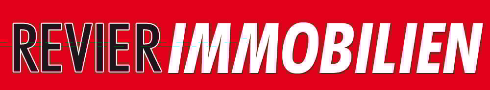 Schriftzug "REVIER IMMOBILIEN" auf rotem Hintergrund; "REVIER" schwarz umrandet, "IMMOBILIEN" weiß.