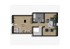 Grundriss des Dachgeschosses mit Schlafzimmer, Bad, Flur und Wohnzimmer.