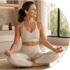 Woman sitting cross-legged on a mat in a seated meditation pose in a bright room