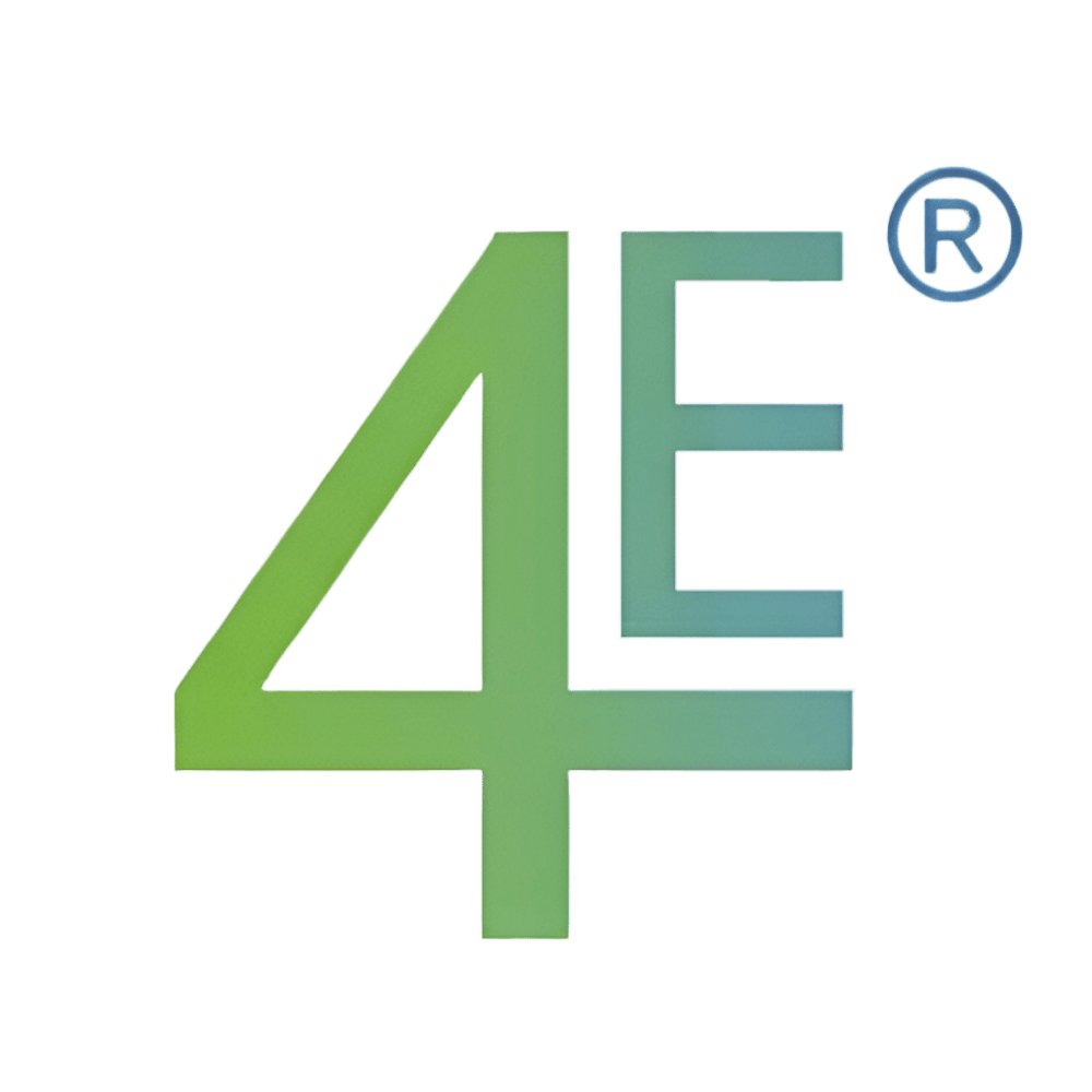 Das Logo "4E" ist ein eingetragenes Warenzeichen und verläuft von Grün nach Blau.