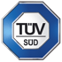 Blau-weißes achteckiges TÜV SÜD Logo mit schwarzem Schriftzug auf weißem Grund.