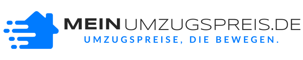 Logo von MeinUmzugspreis.de mit blauem Haus-Symbol, das sich schnell bewegt, und dem Slogan "UMZUGSPREISE, DIE BEWEGEN."