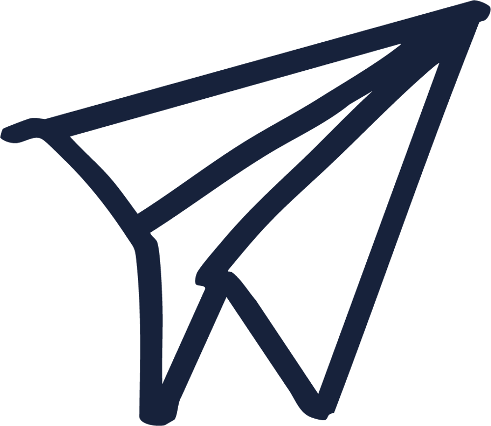 Handgezeichnete dunkelblaue Umrisszeichnung eines Papierflugzeugs.