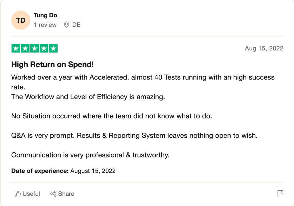 Trustpilot review by Tung Do of WLDOHO, five stars