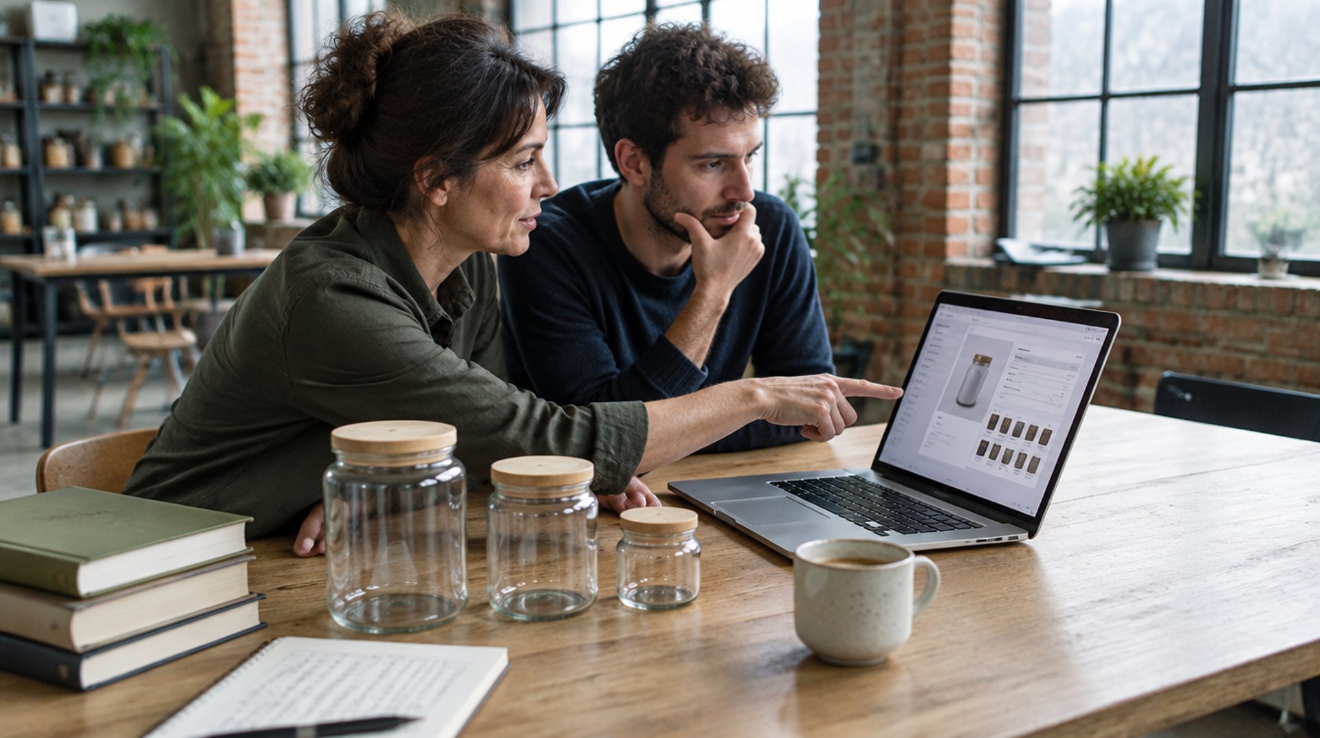 Shop-Inhaberin und Freelancer sitzen in einem Berliner Loft am Laptop, auf dem Tisch stehen drei gleiche Gläser in drei Größen und ein Stapel Bücher