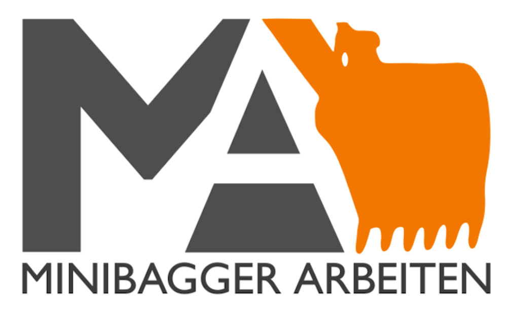 Logo: Dunkelgraue Buchstaben "MA" mit einem orangefarbenen Minibagger und dem Text "MINIBAGGER ARBEITEN".