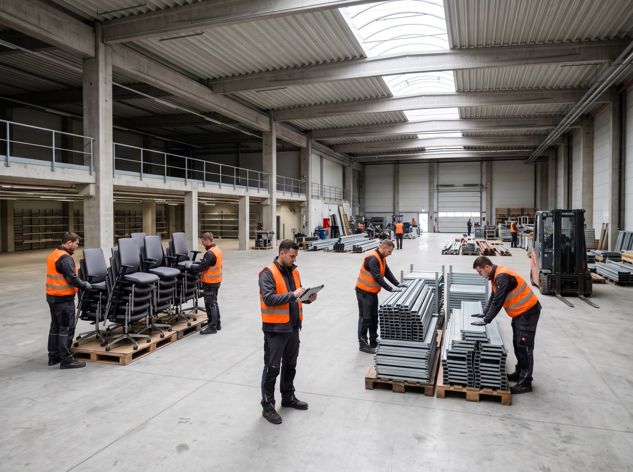 Dokumentierte Räumung einer Gewerbehalle mit sortierten Büromöbeln und Mitarbeiter mit Tablet