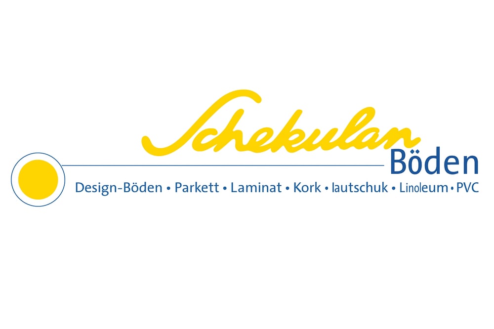 Schekulan Böden Logo mit Text: Design-Böden, Parkett, Laminat, Kork, Kautschuk, Linoleum, PVC