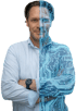 Mann im Hemd, die rechte Körperhälfte als blaue Leiterplatte dargestellt.