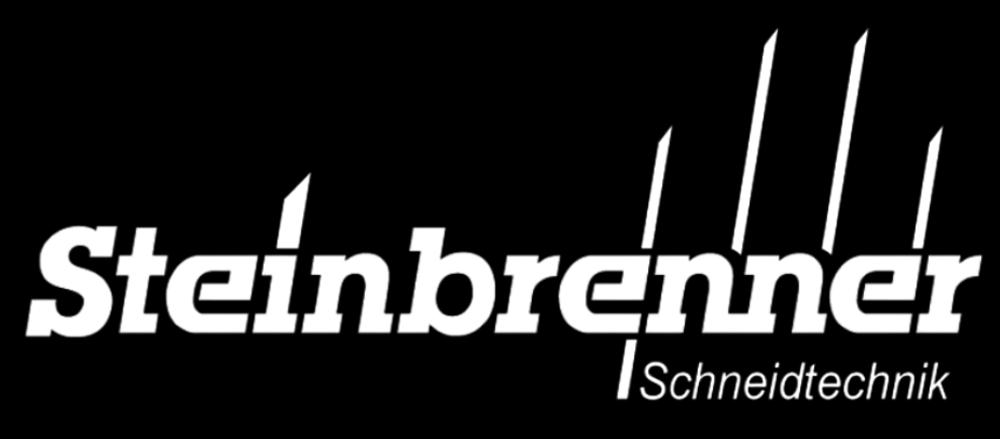 Schwarzes Logo mit weißem Text "Steinbrenner Schneidtechnik" und drei vertikalen Linien.