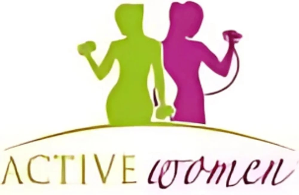 Logo "ACTIVE WOMEN" mit zwei stilisierten Frauenfiguren in Grün und Magenta.