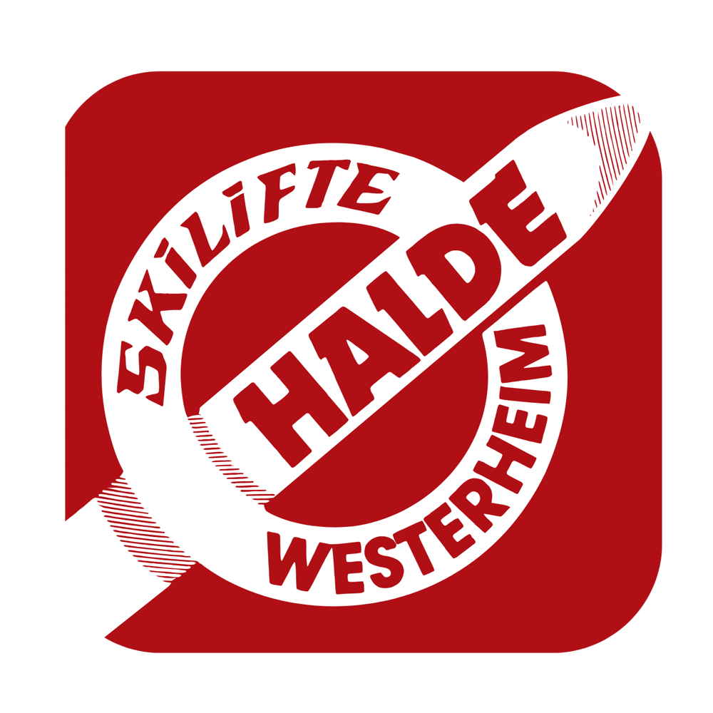 Rotes Logo mit weißem Kreis, der die Wörter "SKILIFTE HALDE WESTERHEIM" enthält und von einem stilisierten Skilift durchkreuzt wird.