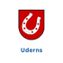 Wappen mit weißem Hufeisen auf rotem Schild, darunter der Text "Uderns".