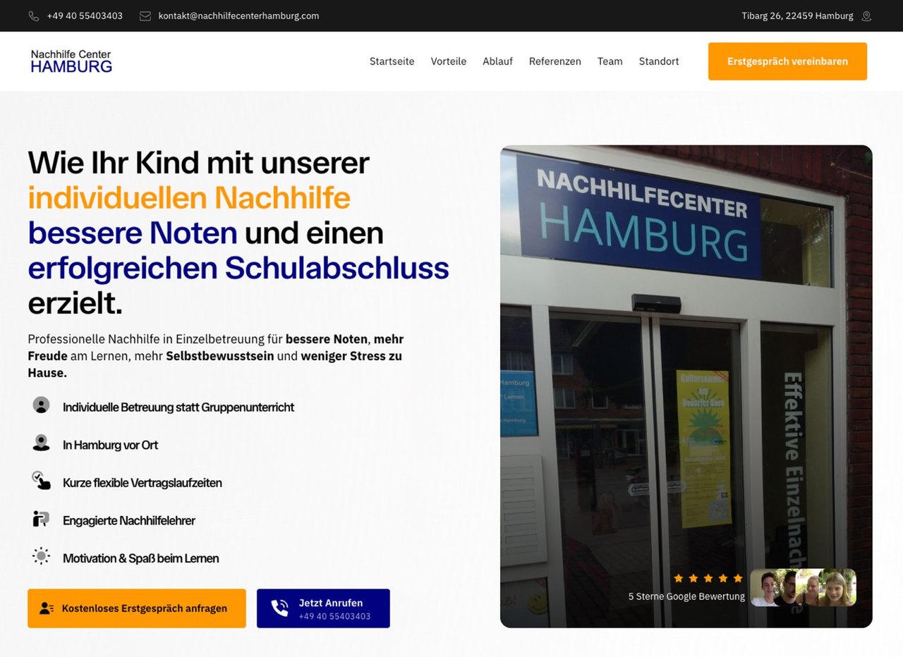 Startbereich der von uns gestalteten Landingpage für das Nachhilfecenter Hamburg