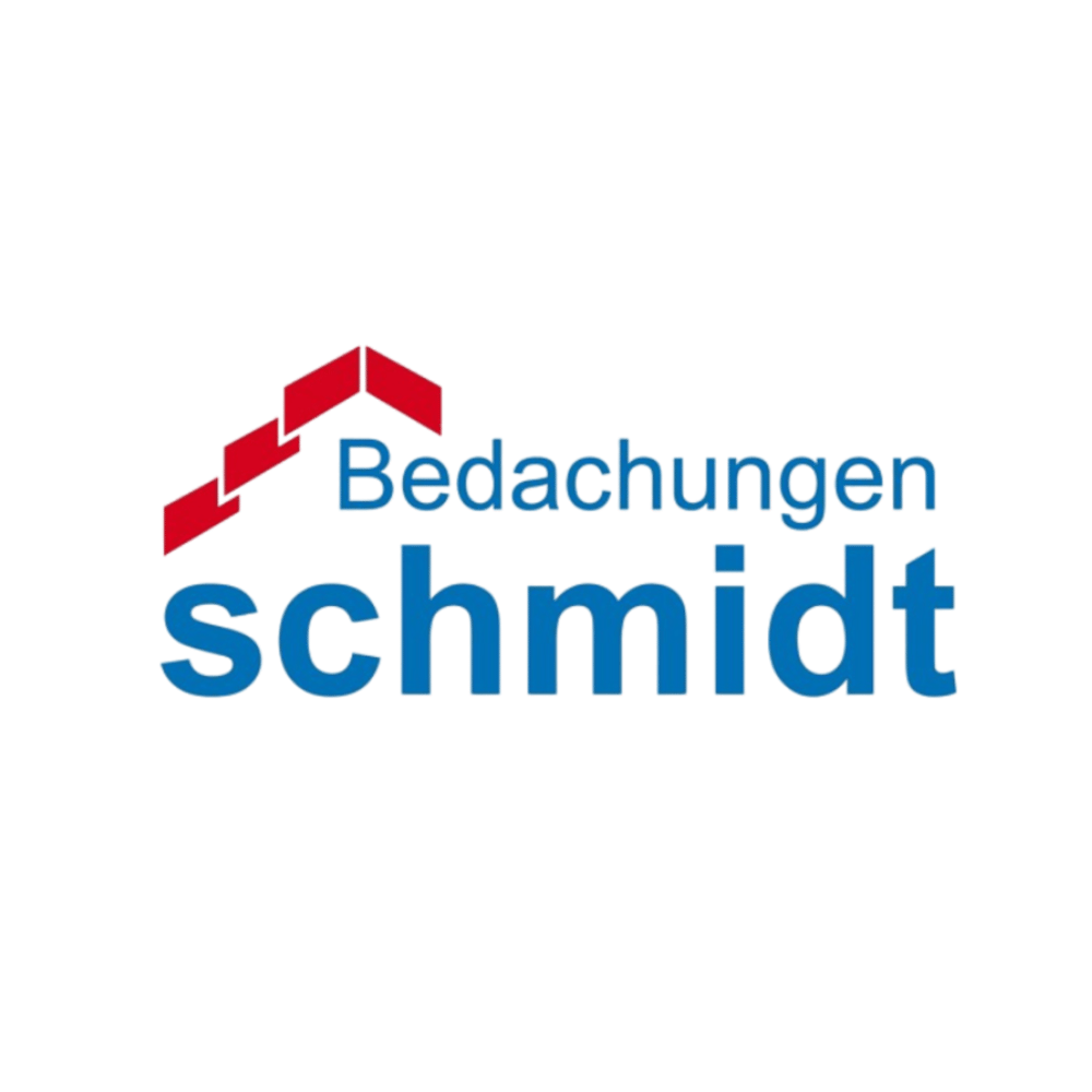 Logo: Rotes Dachsymbol über blauem Text "Bedachungen Schmidt".