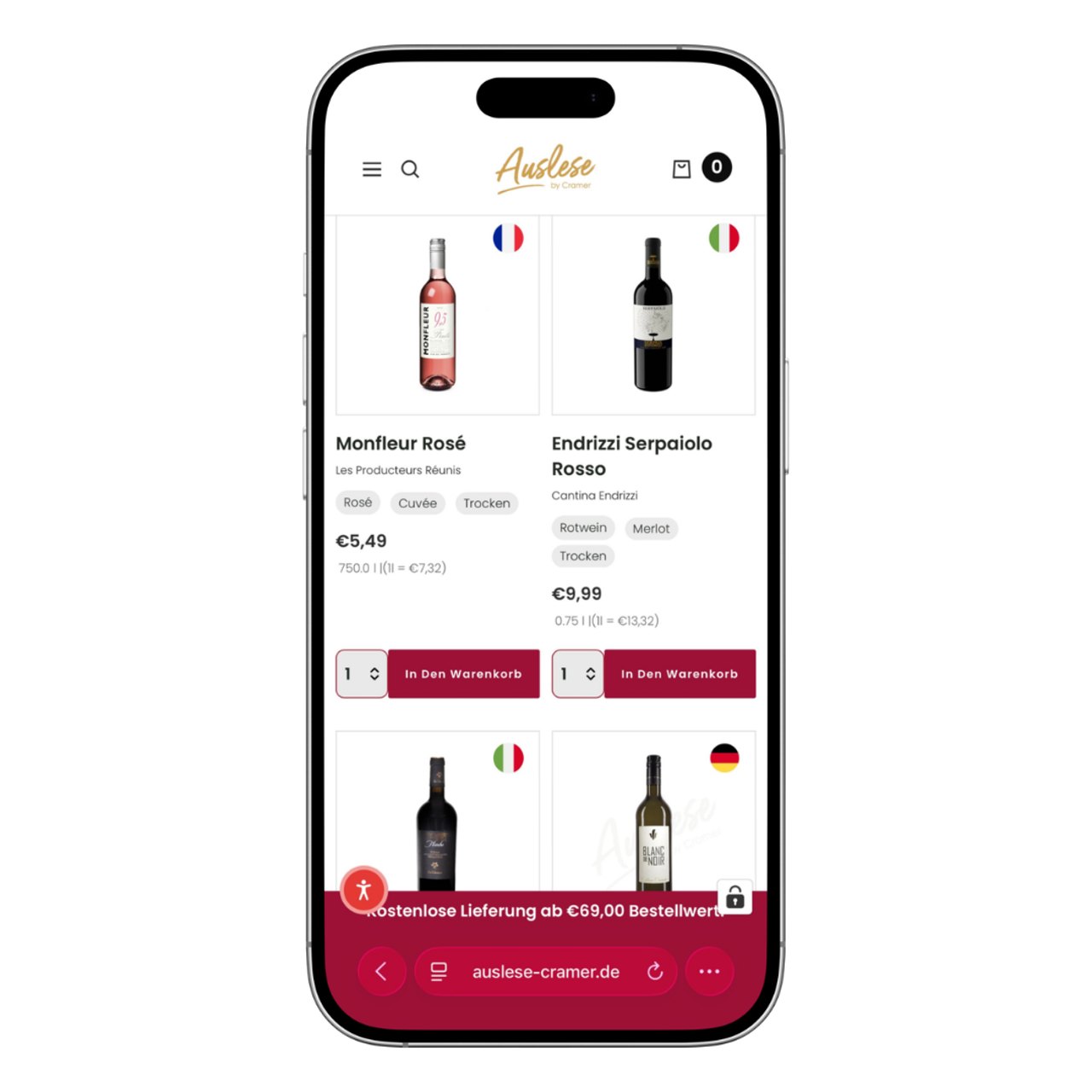 Smartphone zeigt Auslese-Weinshop mit "Monfleur Rosé" für 5,49 € und "Endrizzi Serpaiolo Rosso" für 9,99 €.