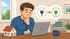 Ein Mann am Laptop vergleicht Stromanbieter; Grafiken zeigen den Wechsel von einem blauen zu einem grünen Stecker-Symbol.