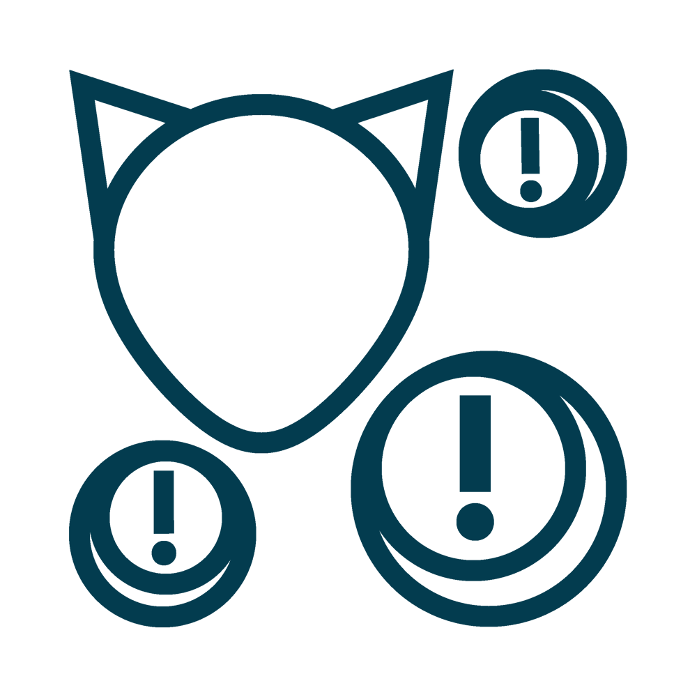 Blauer Umriss einer Katzenmaske und drei runde Ausrufezeichen auf grünem Hintergrund.