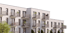 Modernes weißes Mehrfamilienhaus mit mehreren Stockwerken, Balkonen und Metallgeländern vor schwarzem Hintergrund.
