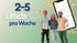 Drei Personen lächeln vor einem Smartphone mit Statistiken und dem Text "2-5 Leads pro Woche".
