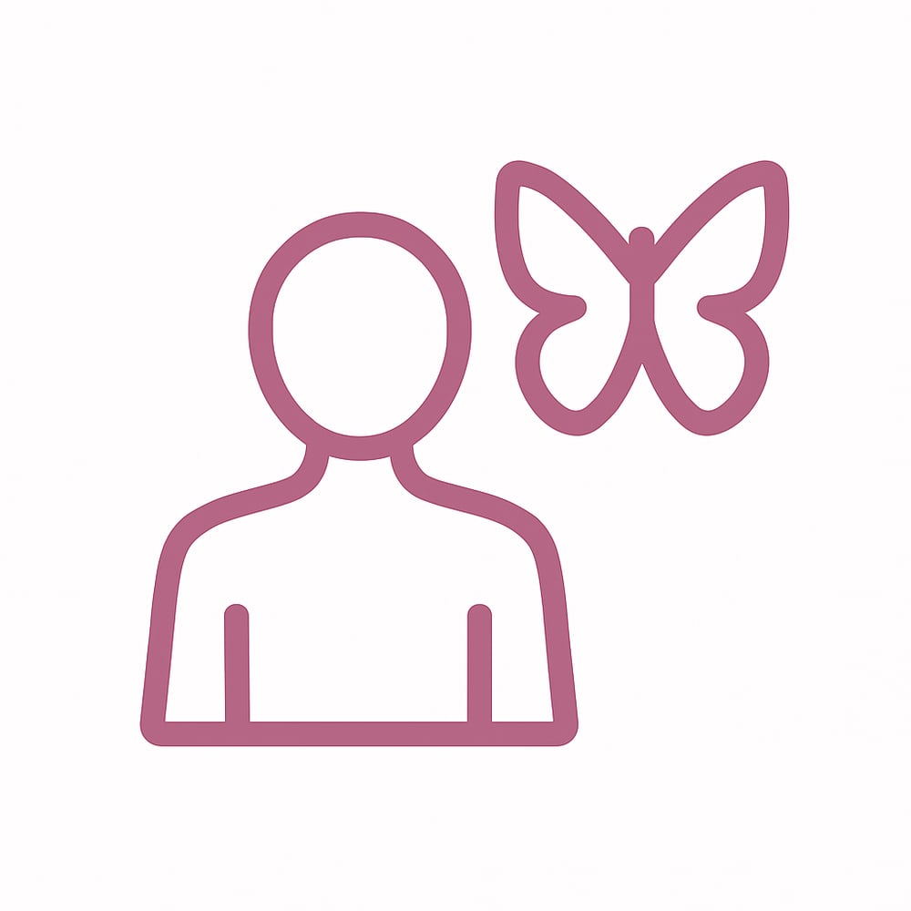 Eine lila Umrisslinie einer Person und eines Schmetterlings.