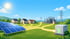 Solarmodule, die Energie an Häuser, einen Batteriespeicher und ein Umspannwerk auf einer grünen Wiese liefern.