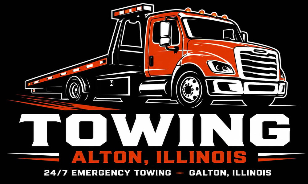 Orange flatbed tow truck logo with text: TOWING Alton, Illinois.
