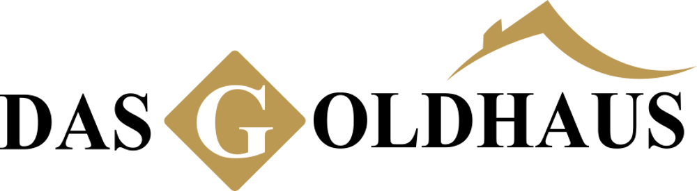 Schwarzer Text "DAS GOLDHAUS" mit einer goldenen G Raute und einem goldenen Dach.