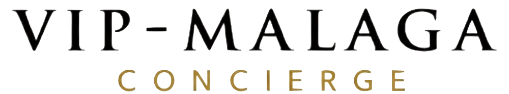 VIP-MALAGA CONCIERGE Logo, schwarzer Text oben, goldener Text unten.