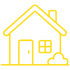 Yellow outline of a house with a door, window, chimney, and small bush.
