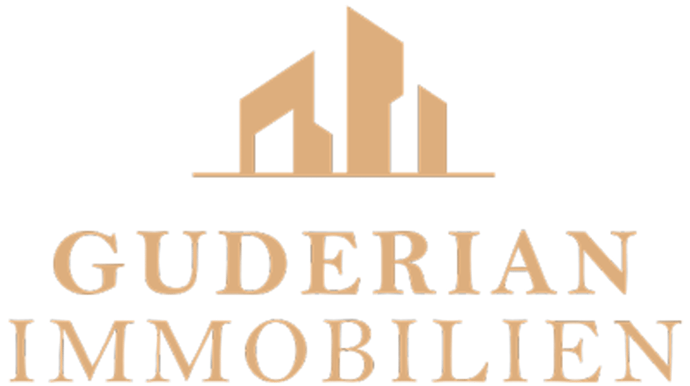 Logo von Guderian Immobilien mit stilisierten Gebäuden in Gold auf dunkelgrünem Hintergrund.