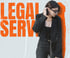 Woman in black suit and sunglasses, with "LEGAL SERVICE" in large orange letters on a white crumpled background.