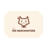 Brown outline of a cat's head with pink eyes, nose, mouth, and a bow tie. Text: "die DIE NASCHKATZEN".