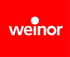 Weinor-Logo: Weißer Schriftzug "weinor" mit einem weißen Punkt über dem "i" auf rotem Hintergrund.