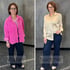 Vorher-Nachher-Vergleich einer Frau: Links in pinker Cordjacke, rechts in eleganter beiger Seidenbluse vor grauer Wand.