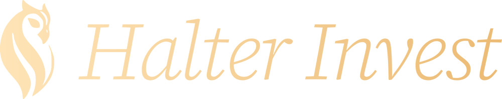 Goldfarbenes Eulenlogo und Text "Halter Invest" auf transparentem Hintergrund.