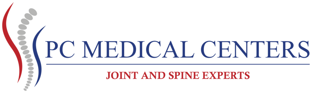 PC Medical Centers Joint and Spine Experts logo featuring a stylized spine icon between red and blue curved lines.