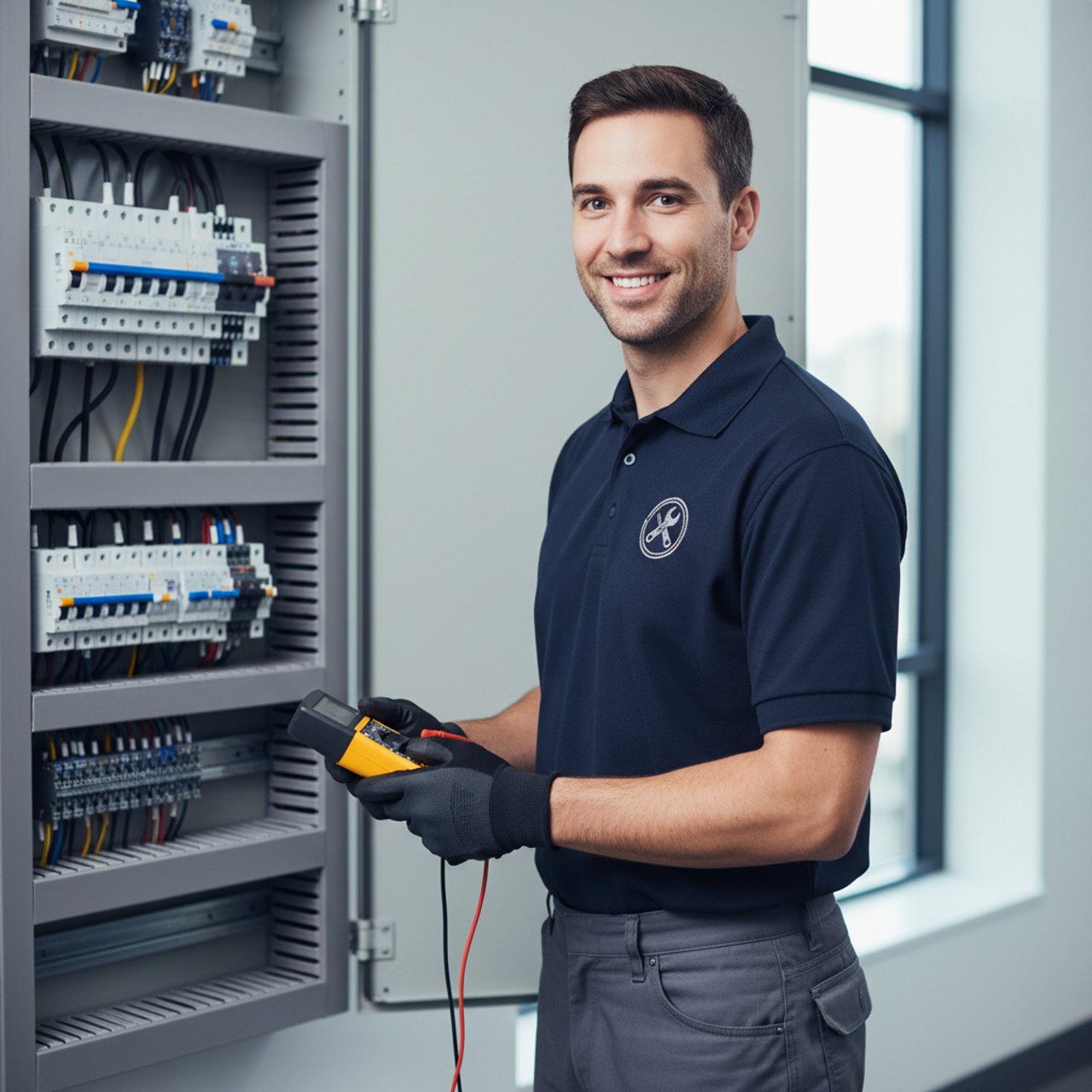 Elektriker im bedruckten Poloshirt