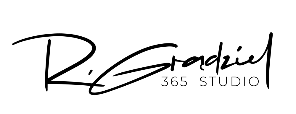 Logo z tekstem "R. Grądziel" w kursywie i "365 STUDIO" pod spodem.