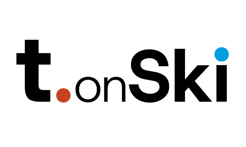t.onSki Logo. Ein kleiner orangefarbener Punkt und ein blauer Punkt bewegen sich auf schwarzem Hintergrund aufeinander zu und voneinander weg.