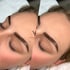 Vorher-Nachher-Vergleich von Augenbrauen-Laminierung auf geschlossenen Augen einer Frau, Logo "Cosmetic Couture".